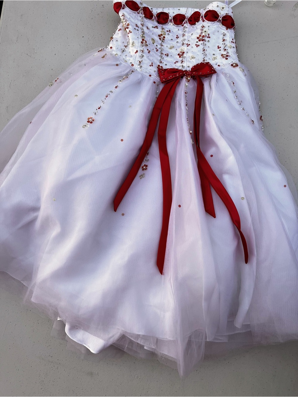 White and Red Beaded Tulle Formal Dress for Girls